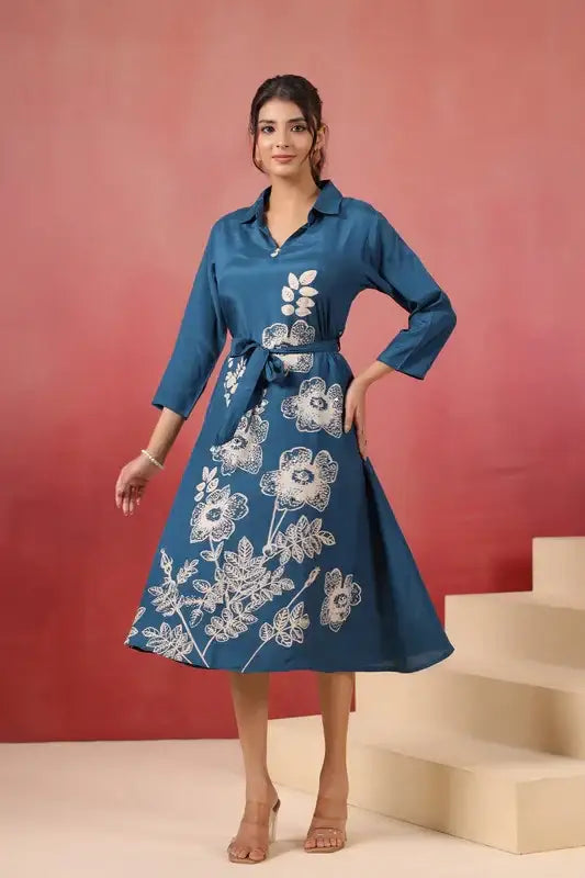 Blue Floral Midi Russian Silk Dress with Tie-Up Belt