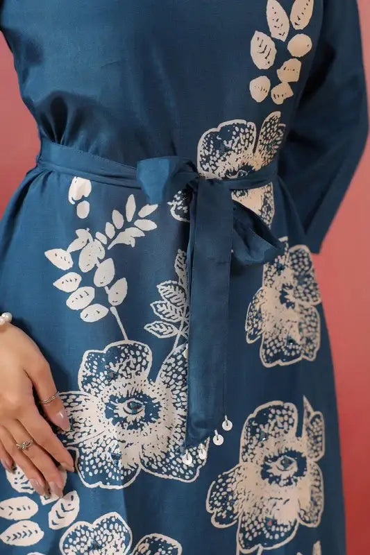 Blue Floral Midi Russian Silk Dress with Tie-Up Belt
