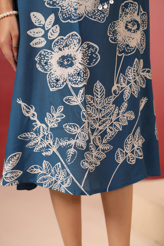 Blue Floral Midi Russian Silk Dress with Tie-Up Belt