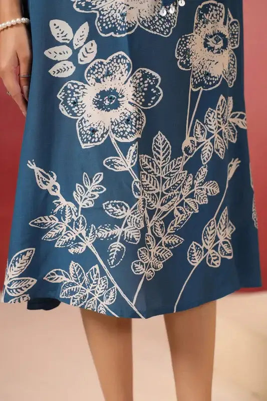 Blue Floral Midi Russian Silk Dress with Tie-Up Belt