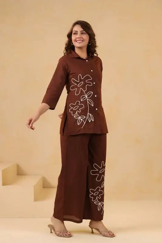 Cocoa Brown Floral Embroidered Cotton Flex Co-Ord Set