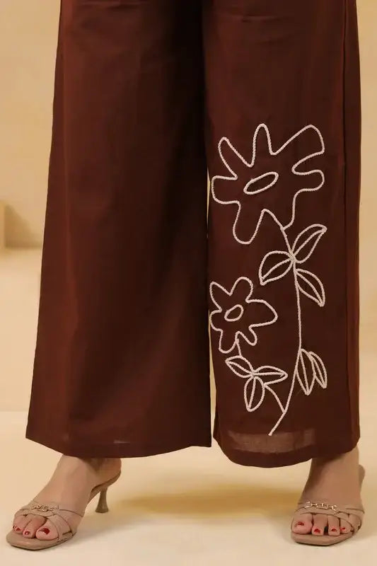 Cocoa Brown Floral Embroidered Cotton Flex Co-Ord Set