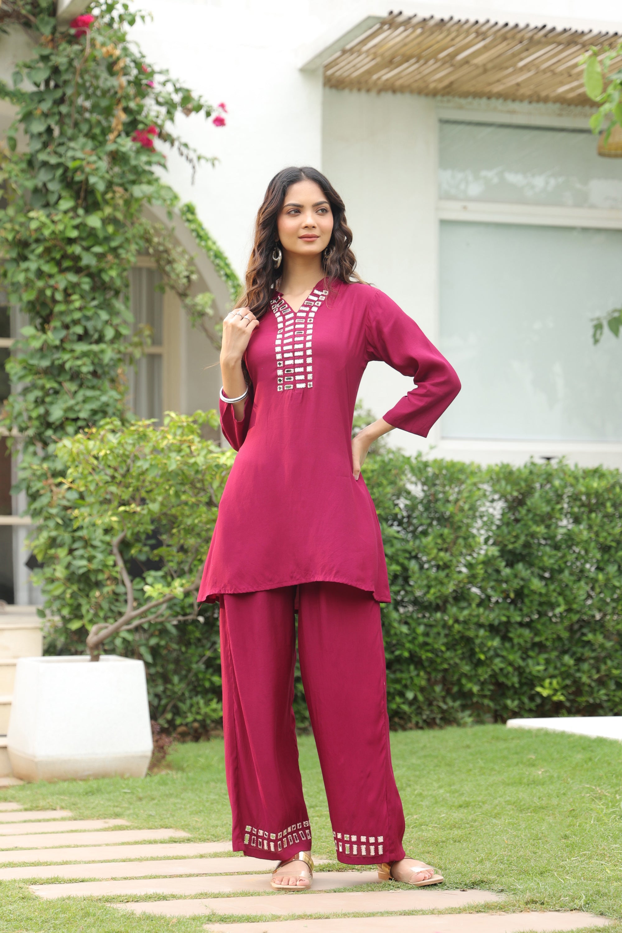 Mirror Work Purple Solid Russian Silk Co-ord Set