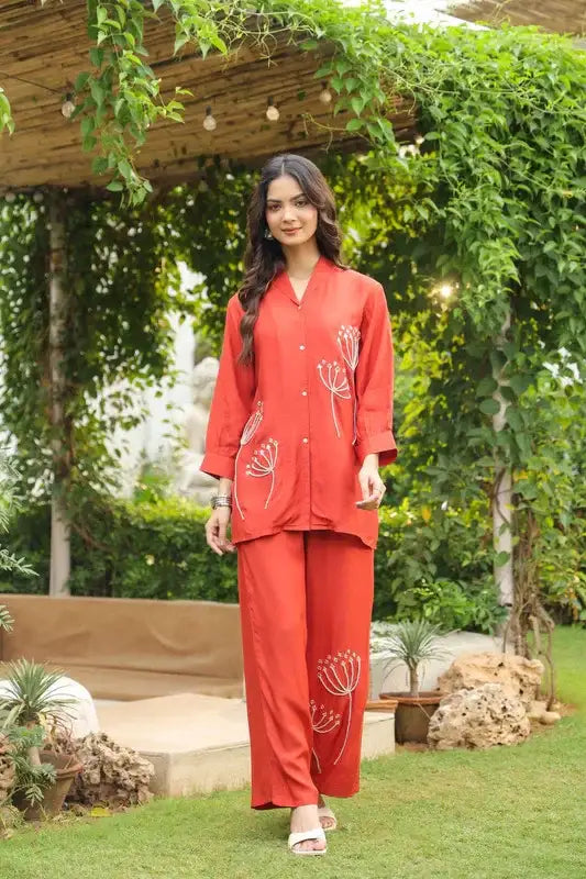Rust Blossom Embroidered Russian Silk Co-ord Set