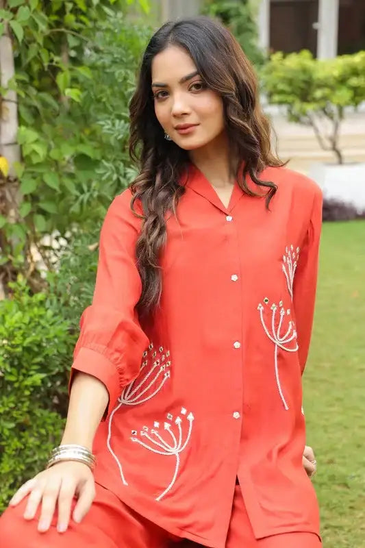 Rust Blossom Embroidered Russian Silk Co-ord Set