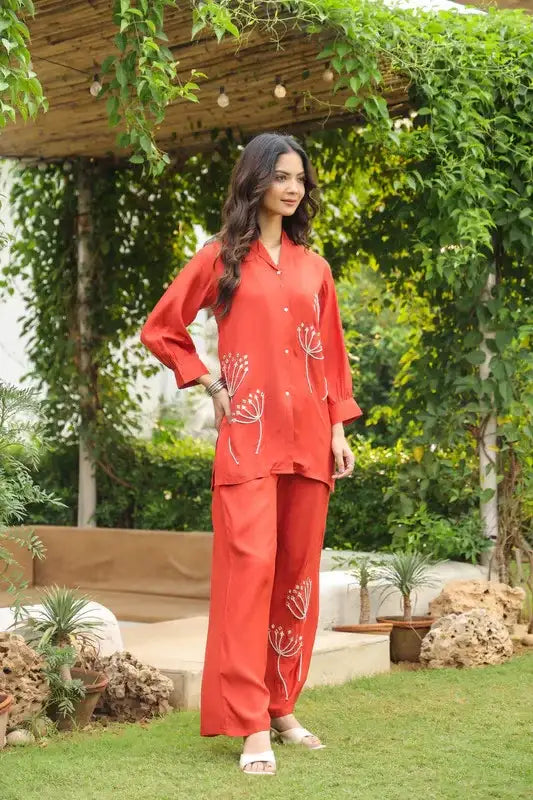 Rust Blossom Embroidered Russian Silk Co-ord Set