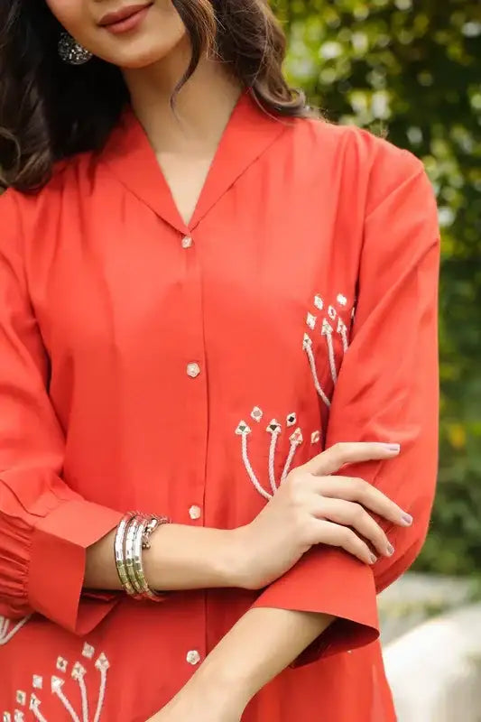 Rust Blossom Embroidered Russian Silk Co-ord Set