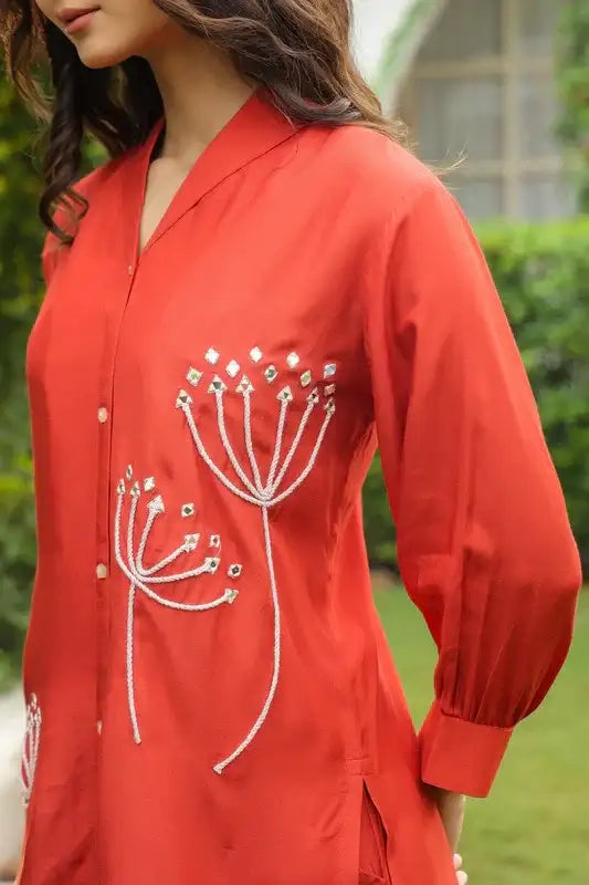 Rust Blossom Embroidered Russian Silk Co-ord Set