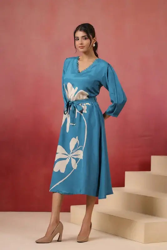 Blue Floral Midi Dress Russian Silk with Tie-Up Belt