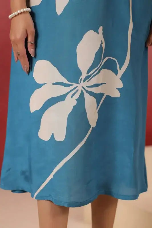 Blue Floral Midi Dress Russian Silk with Tie-Up Belt