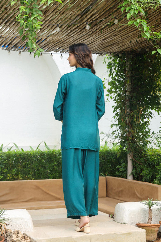 Elegant Teal Handcrafted Mirror-Work Russian Silk Co-ord Set