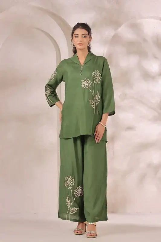 Olive Green Floral Embroidered Russian Silk Co-ord Set