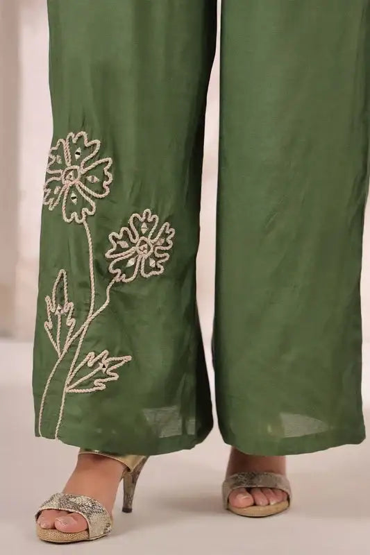 Olive Green Floral Embroidered Russian Silk Co-ord Set