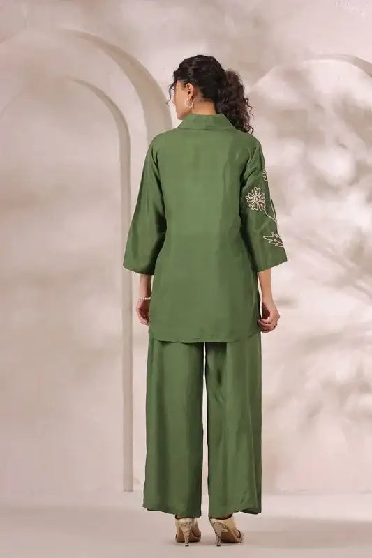 Olive Green Floral Embroidered Russian Silk Co-ord Set