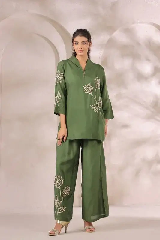 Olive Green Floral Embroidered Russian Silk Co-ord Set
