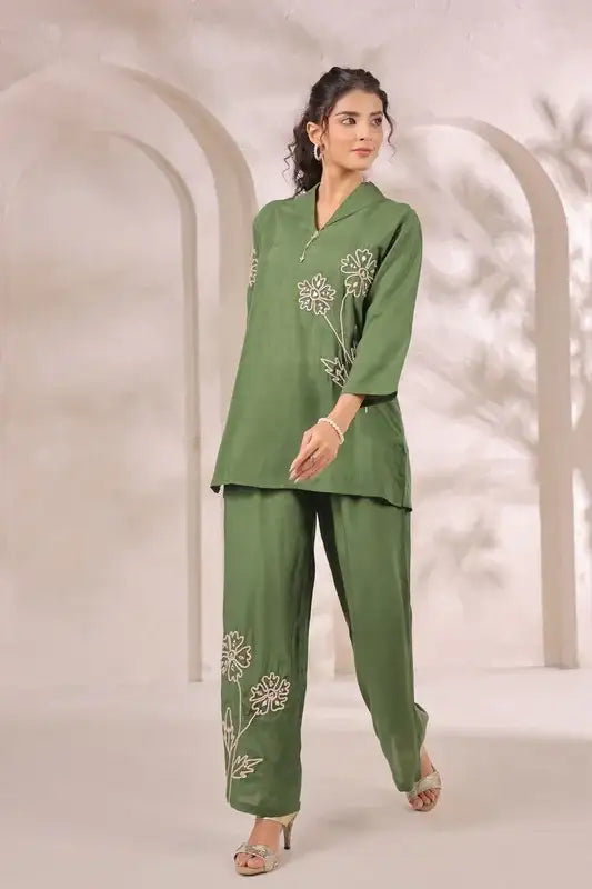 Olive Green Floral Embroidered Russian Silk Co-ord Set