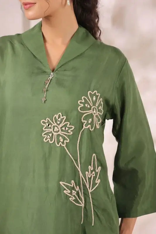 Olive Green Floral Embroidered Russian Silk Co-ord Set