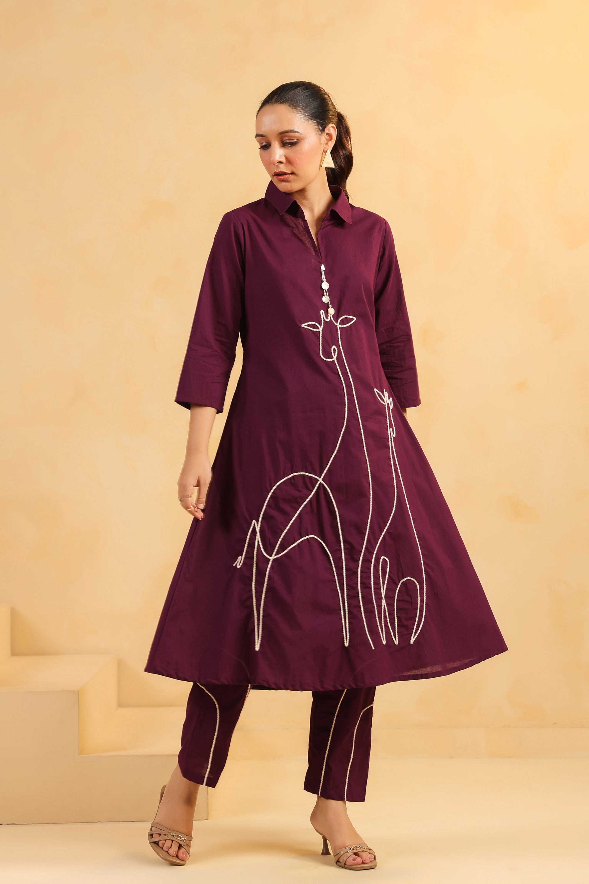 Majestic Muse Giraffe Purple Embroidered Cotton Co-ord Set
