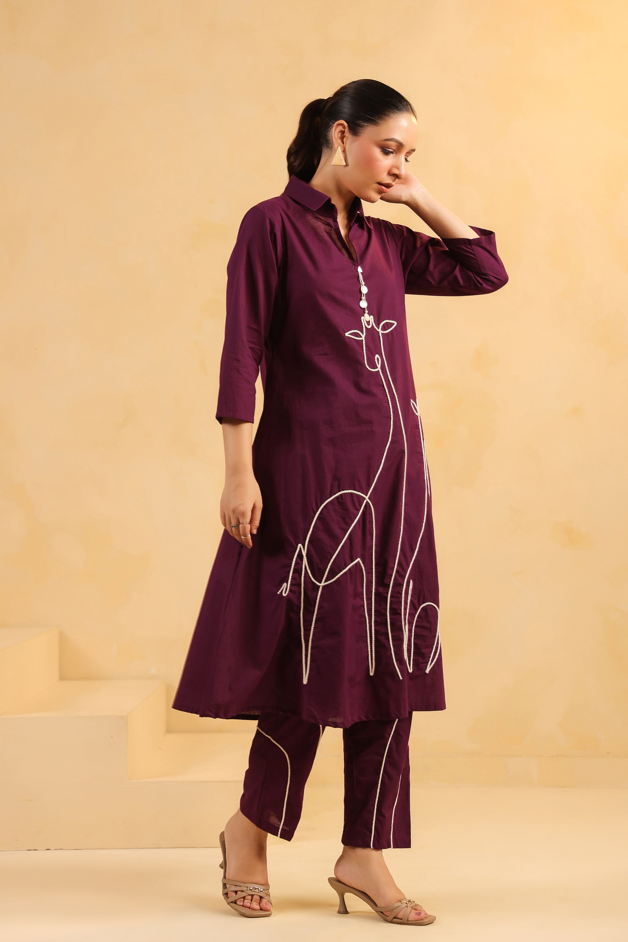 Majestic Muse Giraffe Purple Embroidered Cotton Co-ord Set