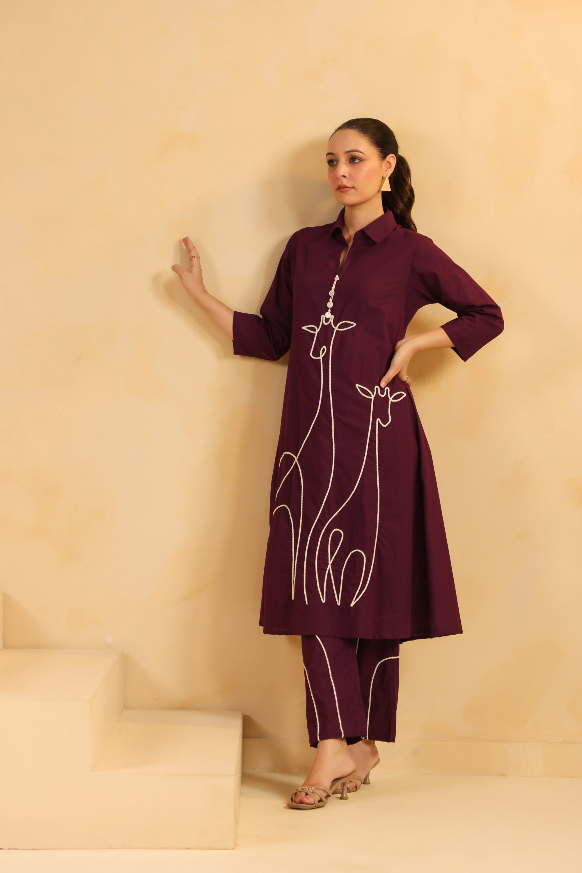Majestic Muse Giraffe Purple Embroidered Cotton Co-ord Set