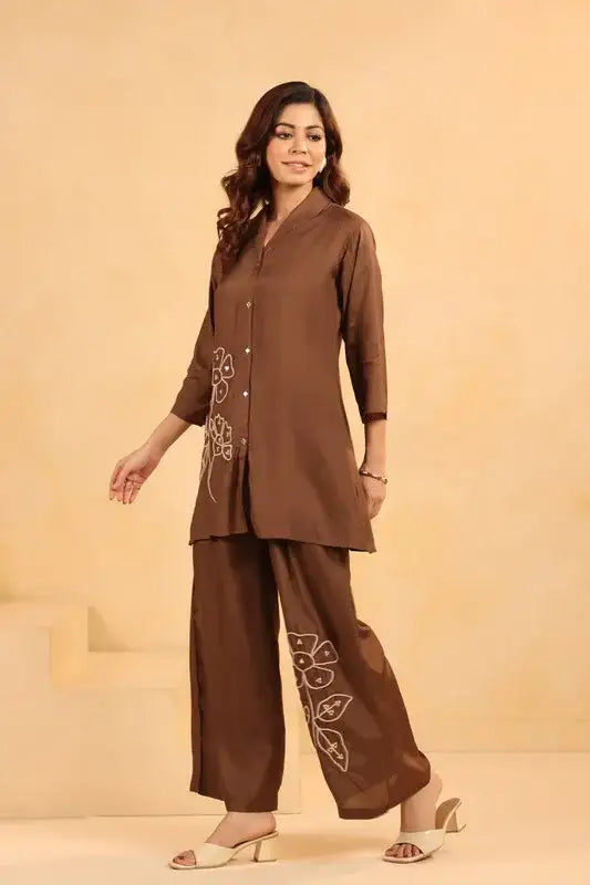 Brown and White Floral Embroidery Russian Silk Co-ord Set