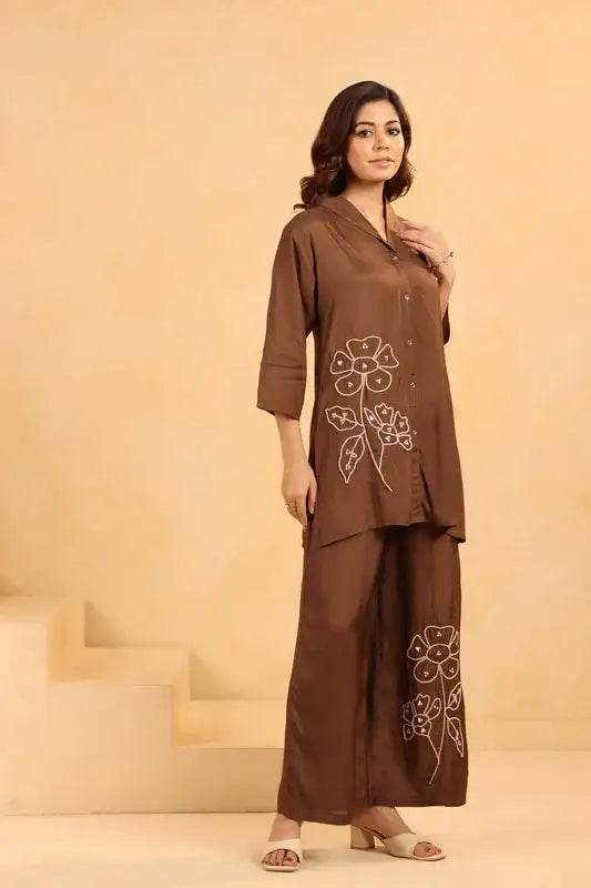 Brown and White Floral Embroidery Russian Silk Co-ord Set