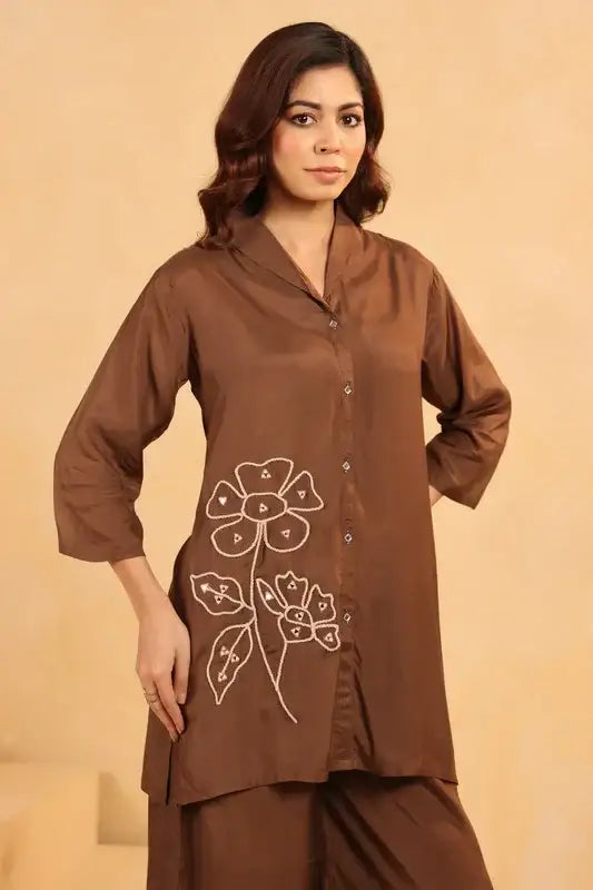 Brown and White Floral Embroidery Russian Silk Co-ord Set