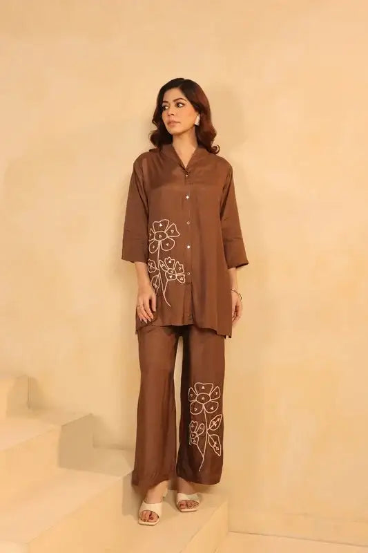 Brown and White Floral Embroidery Russian Silk Co-ord Set