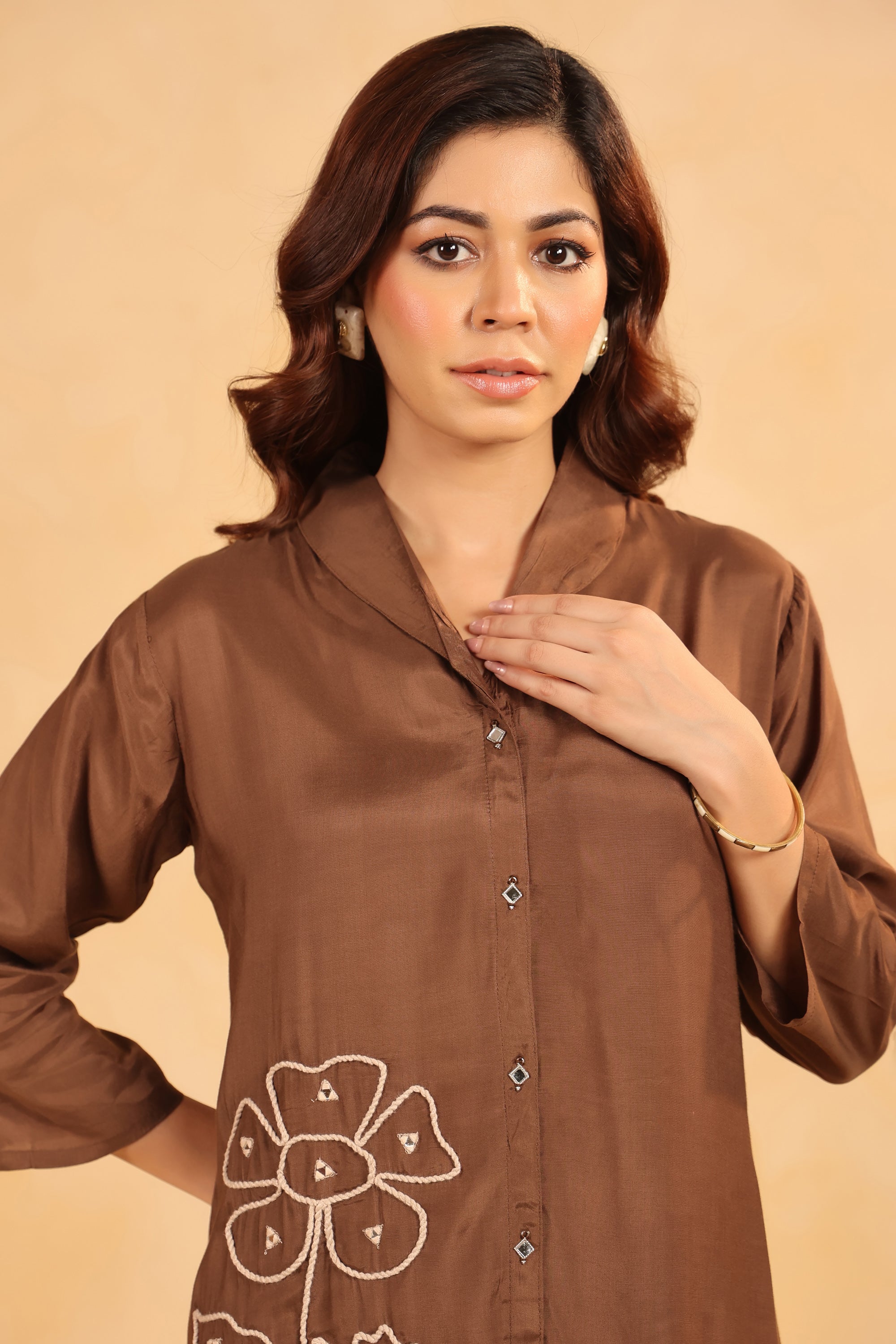 Mocha Floral Hand Embroidered Russian Silk Co-ord Set