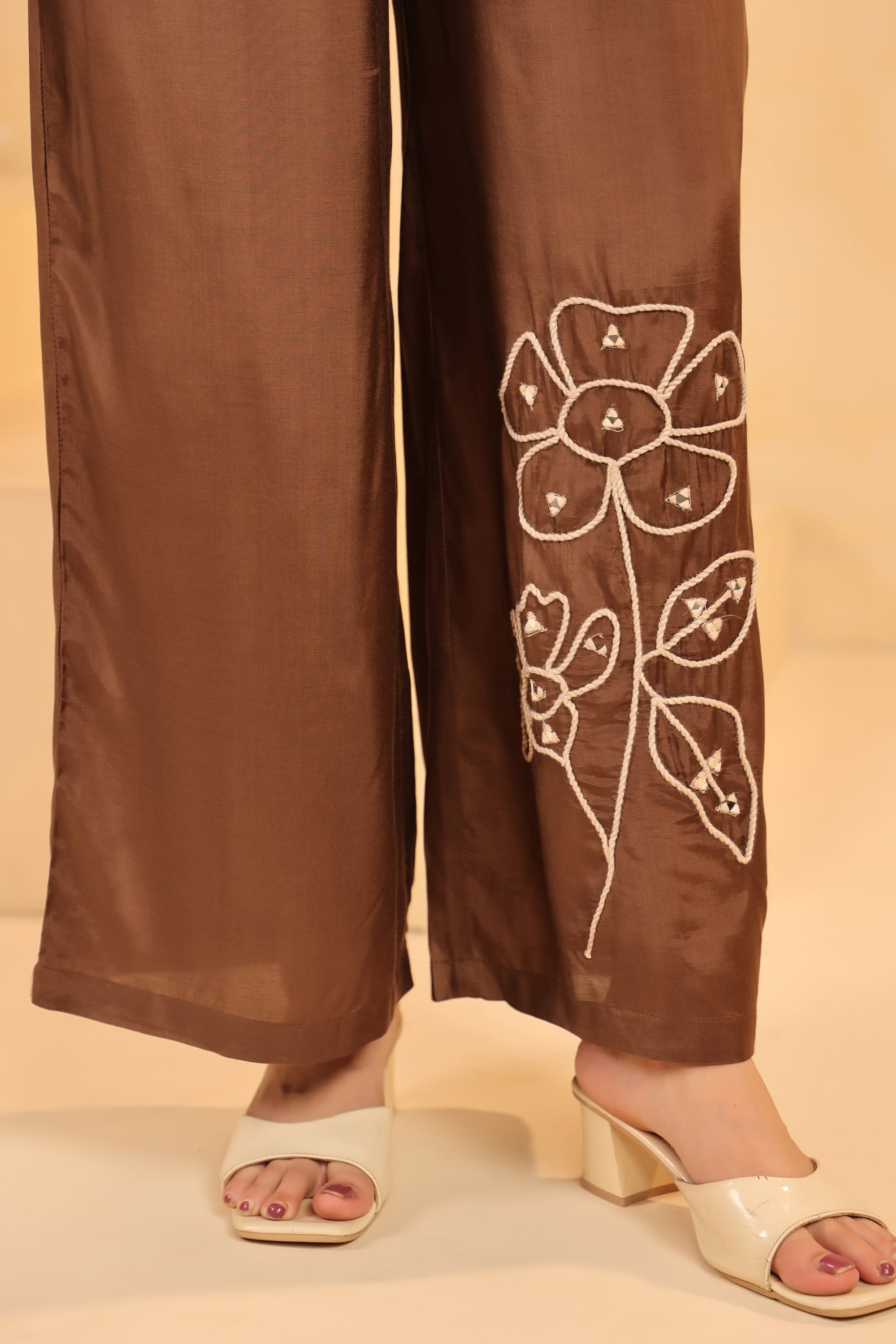 Mocha Floral Hand Embroidered Russian Silk Co-ord Set