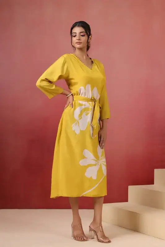 Yellow Floral Russian Silk Midi Dress