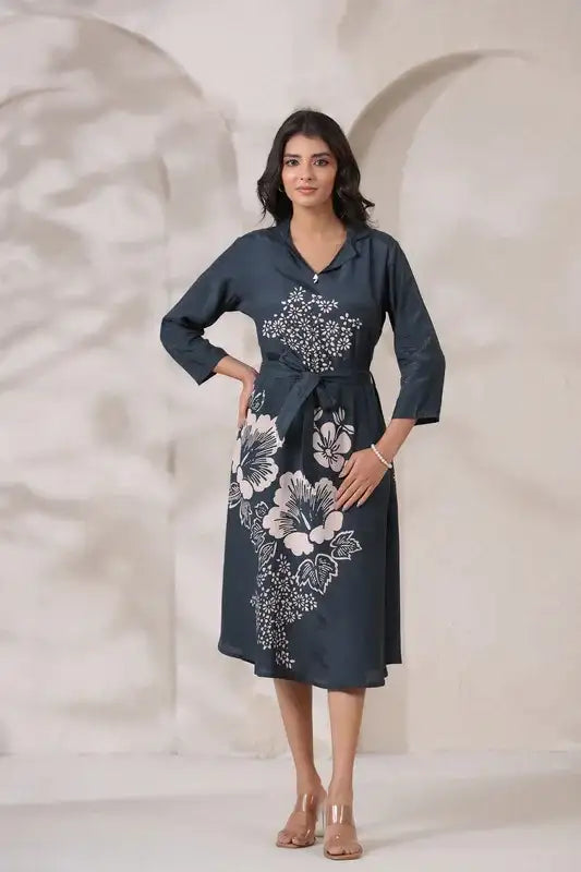 Navy Floral Midi Russian Silk Dress with Tie-Up Belt