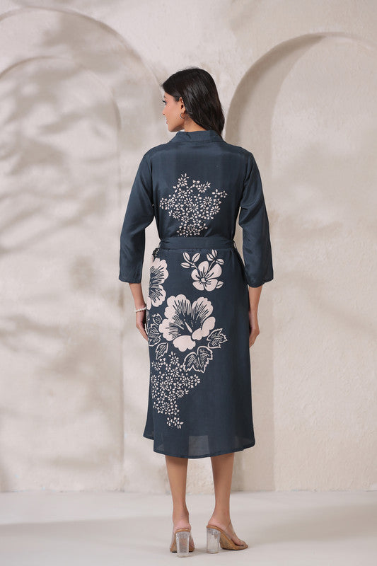 Navy Floral Midi Russian Silk Dress with Tie-Up Belt