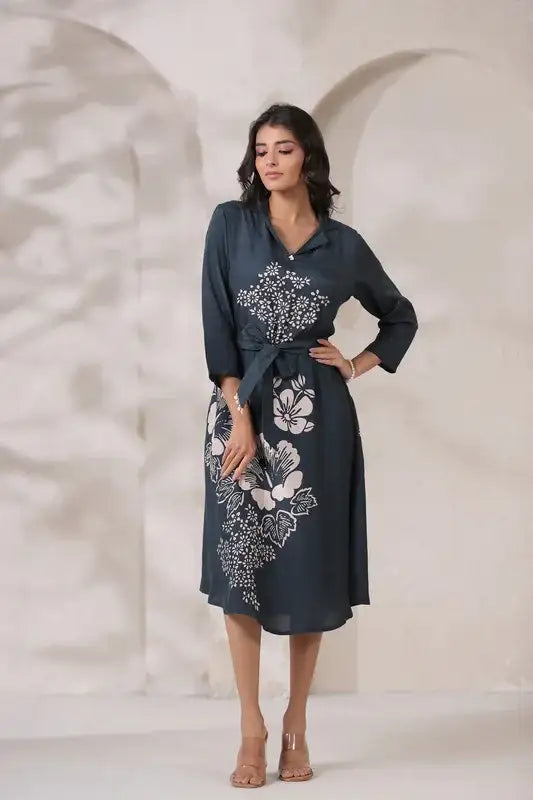 Navy Floral Midi Russian Silk Dress with Tie-Up Belt