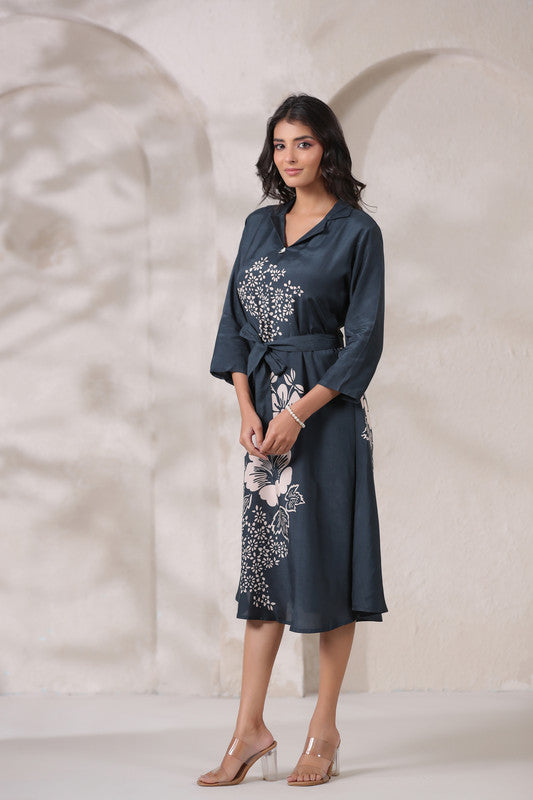 Navy Floral Midi Russian Silk Dress with Tie-Up Belt