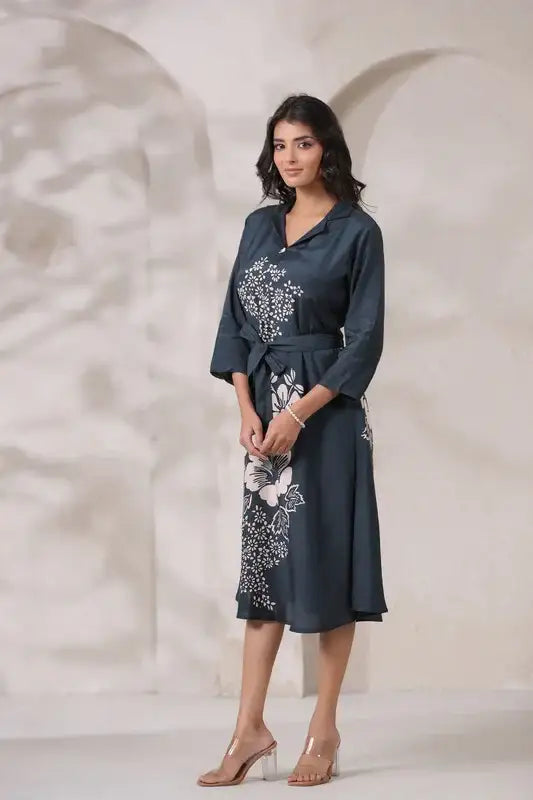 Navy Floral Midi Russian Silk Dress with Tie-Up Belt