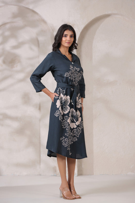 Navy Floral Midi Russian Silk Dress with Tie-Up Belt
