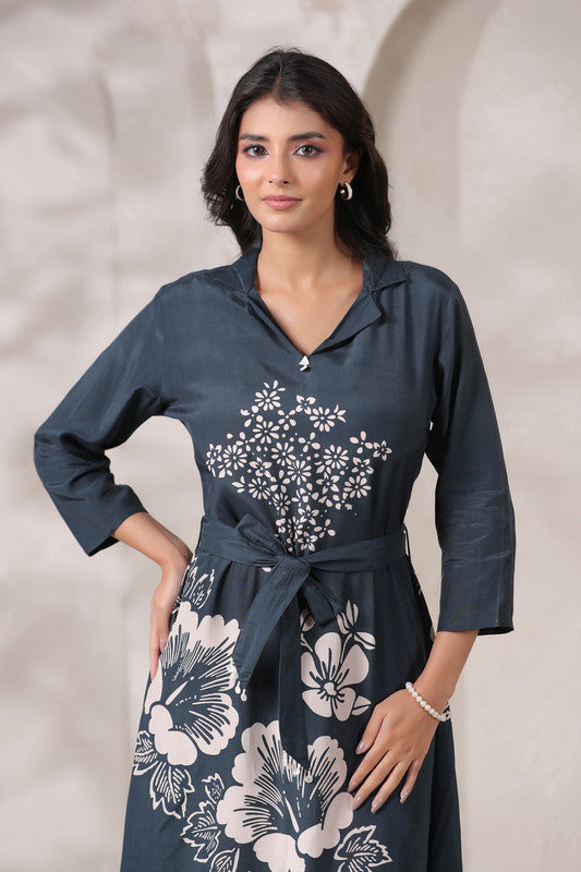 Navy Floral Midi Russian Silk Dress with Tie-Up Belt