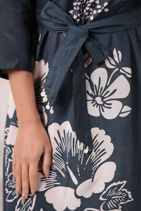 Navy Floral Midi Russian Silk Dress with Tie-Up Belt