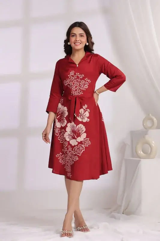 Red Floral Midi Dress Russian Silk with Belted Waist