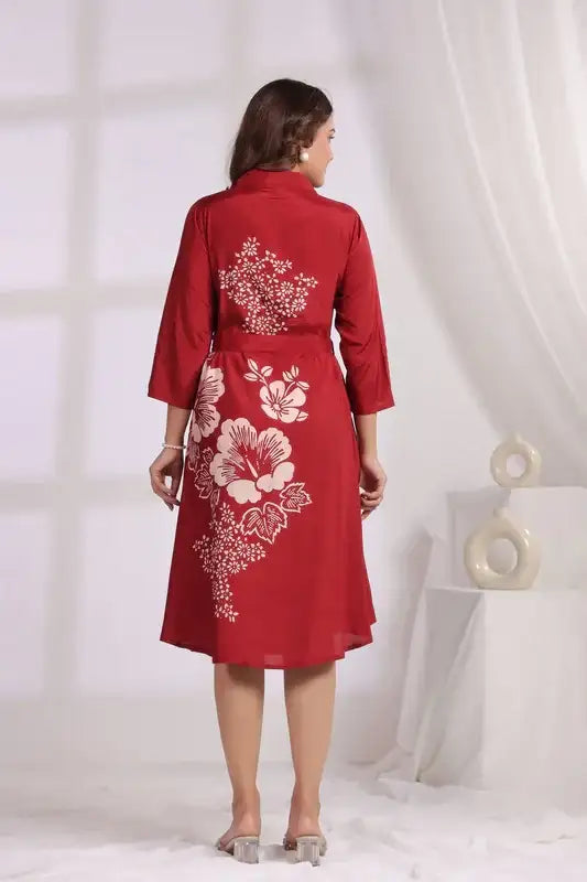 Red Floral Midi Dress Russian Silk with Belted Waist