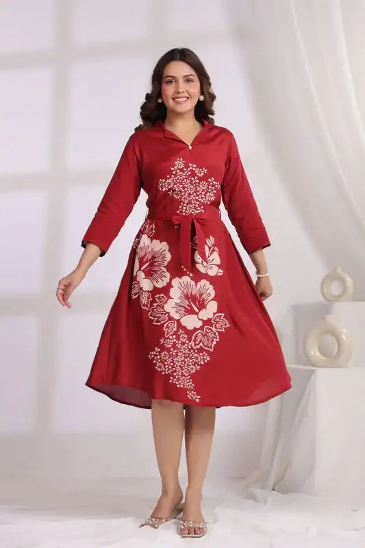 Red Floral Russian Silk Midi Dress