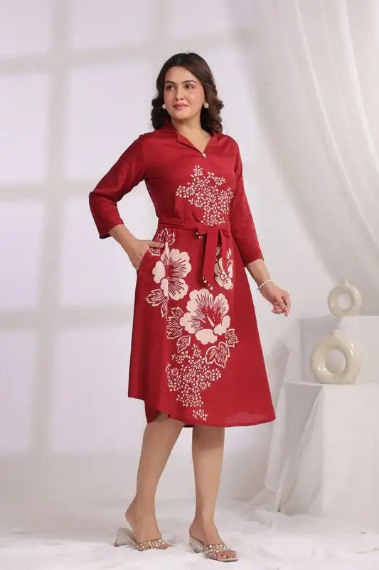 Red Floral Russian Silk Midi Dress