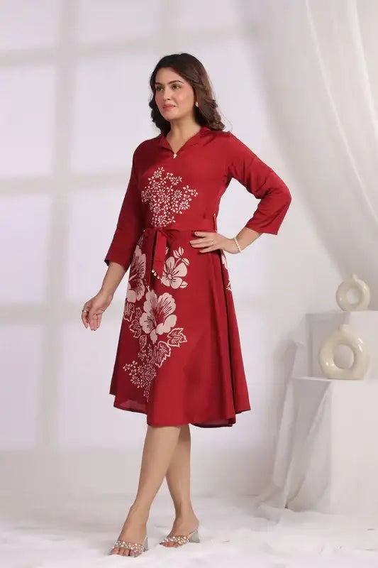 Red Floral Midi Dress Russian Silk with Belted Waist