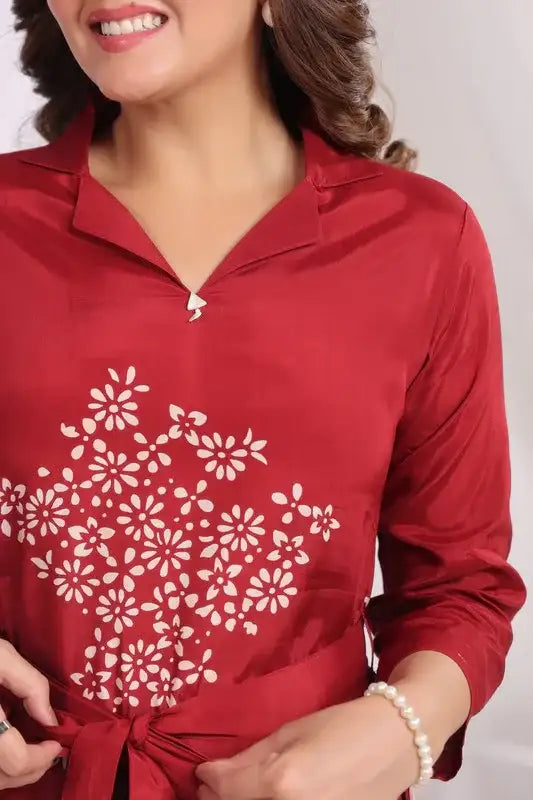 Red Floral Russian Silk Midi Dress