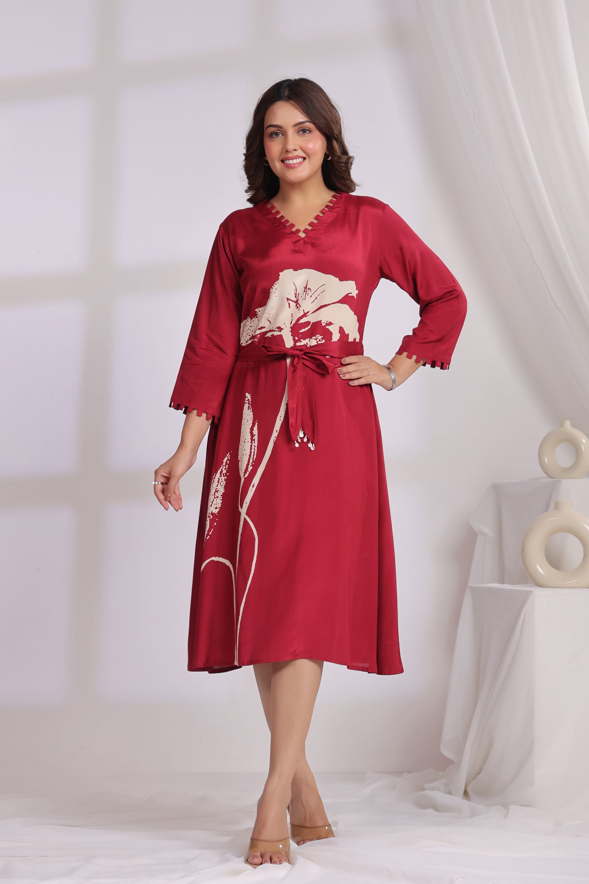 Red Floral Printed Russian Silk Midi Dress