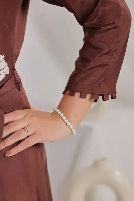 Brown Floral Midi Dress Russian Silk with Belted Waist