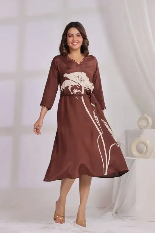 Brown Floral Midi Dress Russian Silk with Belted Waist