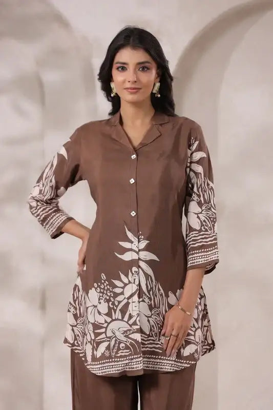 Mocha Printed Russian Silk Co-ord Set
