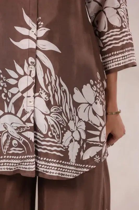 Mocha Printed Russian Silk Co-ord Set